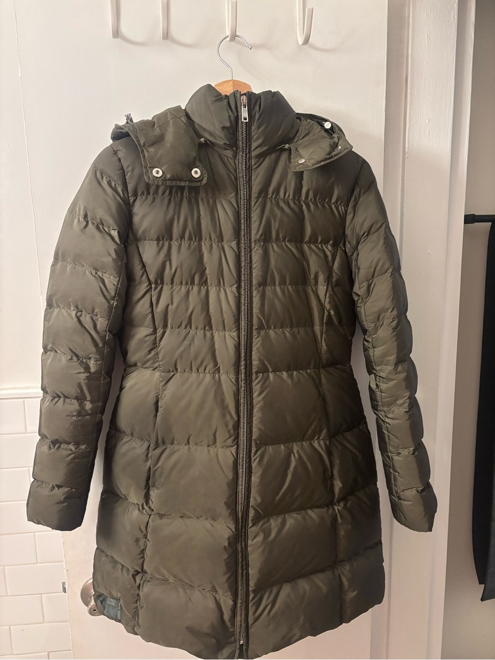 Prada Long Down Puffer Coat in Olive - Picture 2 of 5